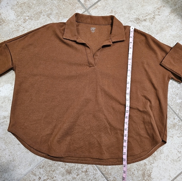 Crown & Ivy Medium V-Neck Brown Tunic Cotton Shirt Classic Preppy Retro Fall Top - Picture 6 of 6